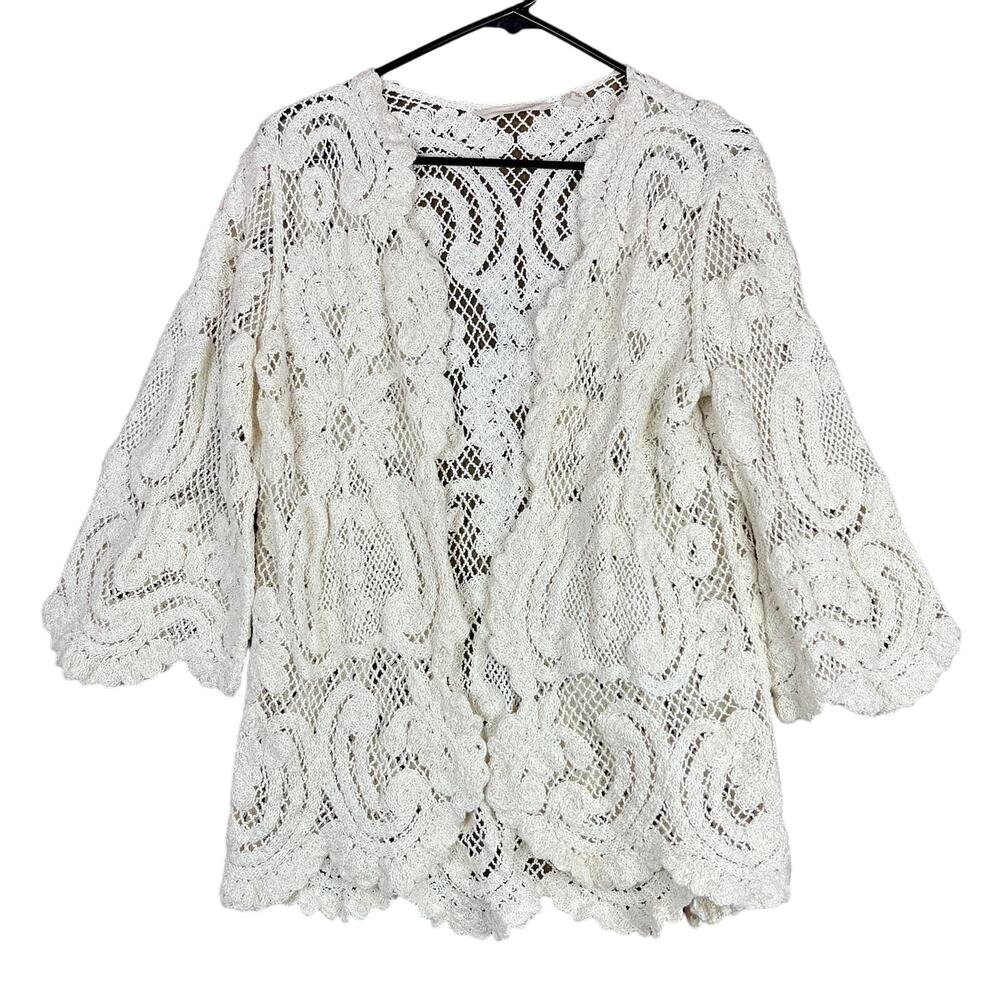 Soft Surroundings Womens Cardigan Cream Open Front Lace Sheer 3/4 Sleeve Small